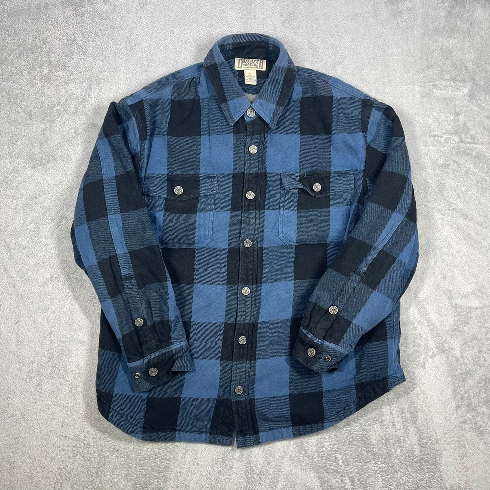 Duluth Trading Co Flannel Shirt Jacket Mens L Blue Black Fleece Lined Plaid
